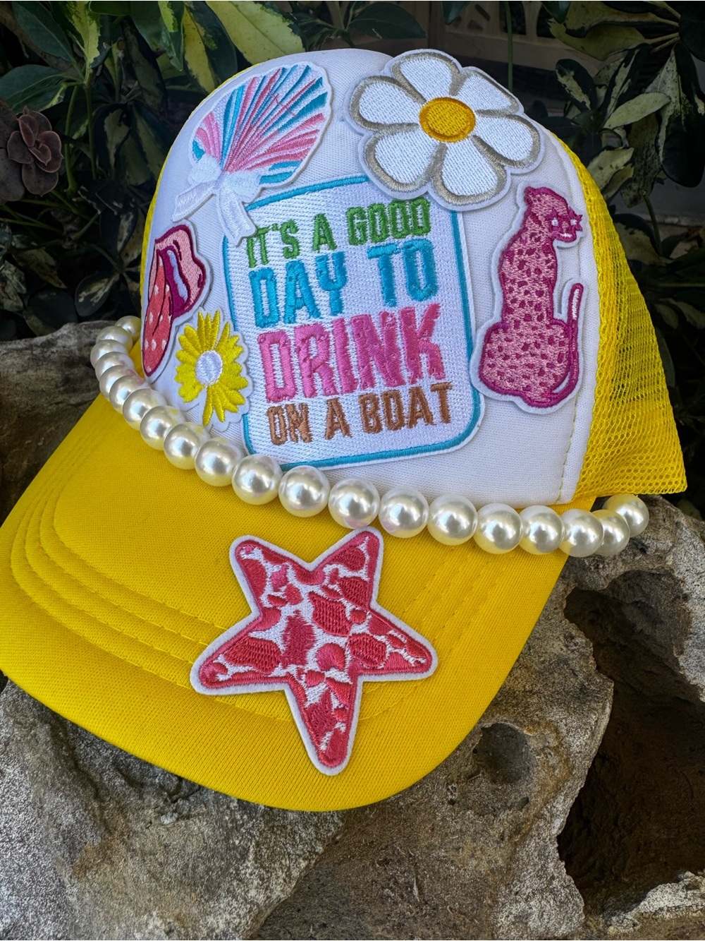 Yellow Patchwork Pearl Trucker Hat - Fun Beach Design
